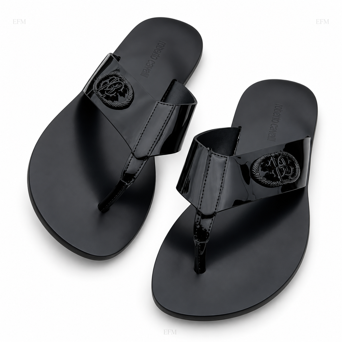 Glossy-Crest Toe-Post Sandals – Black