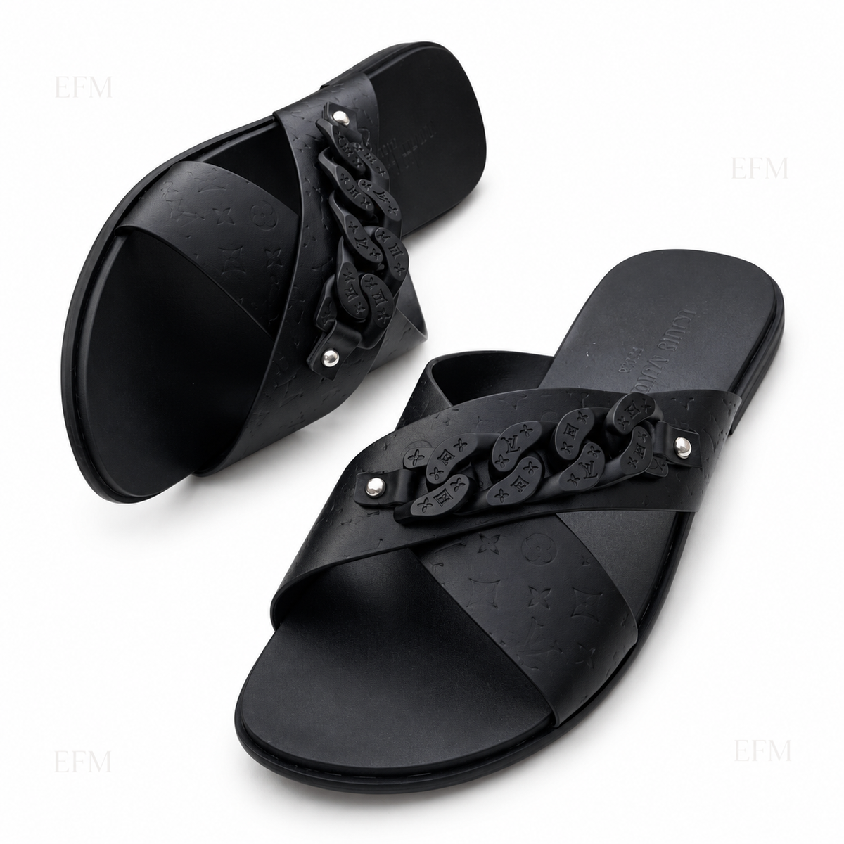 Embossed Chain Crossover Slides – Black