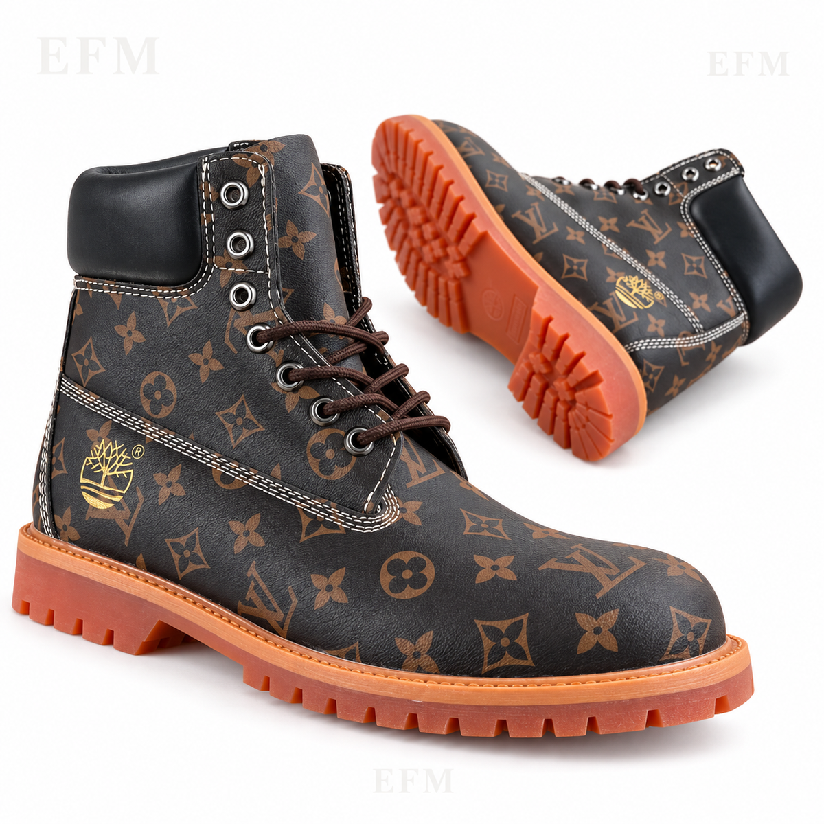 Contrast Motif-Print Lug Boots – Black/Brown