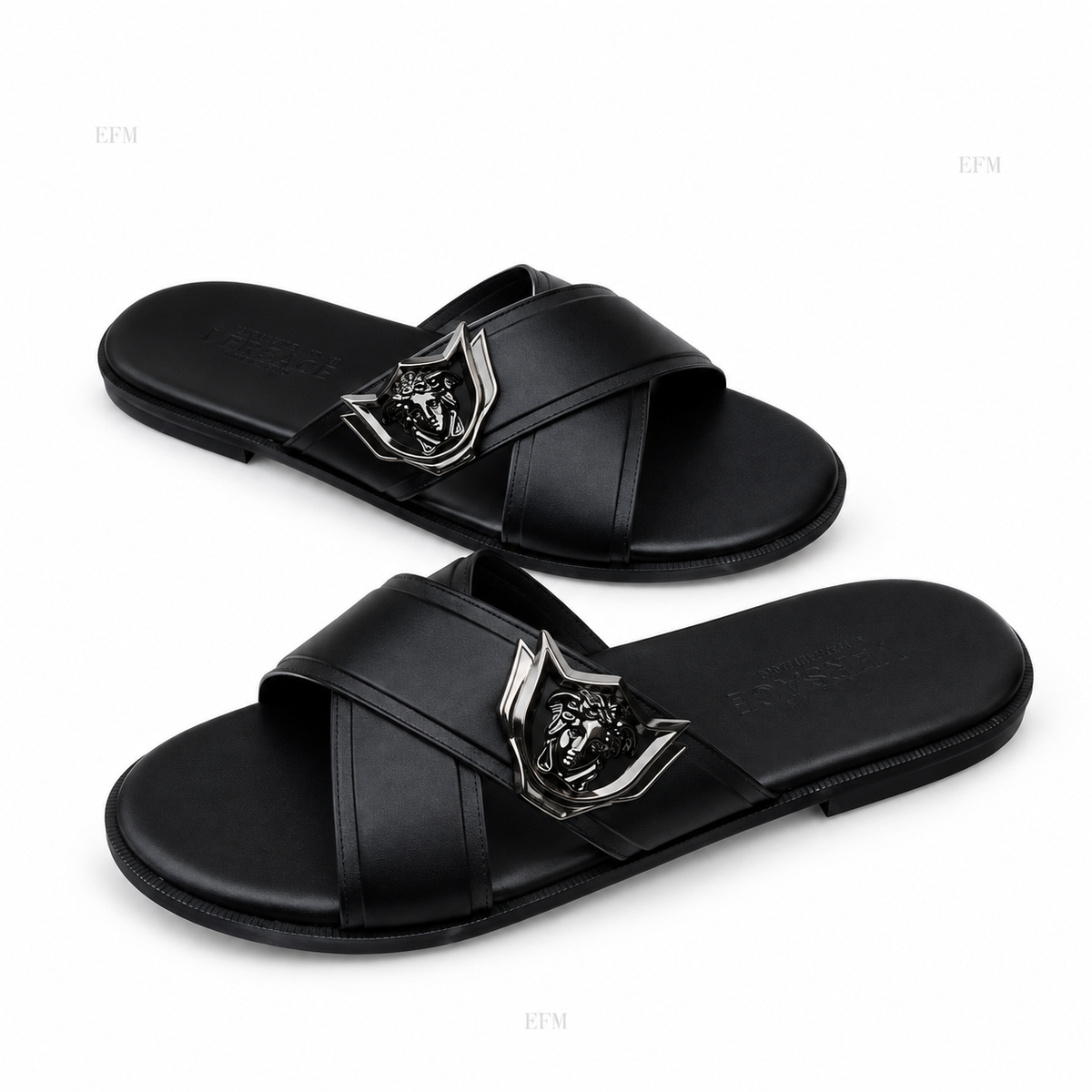 Shield-Medallion Crossover Slides – Black
