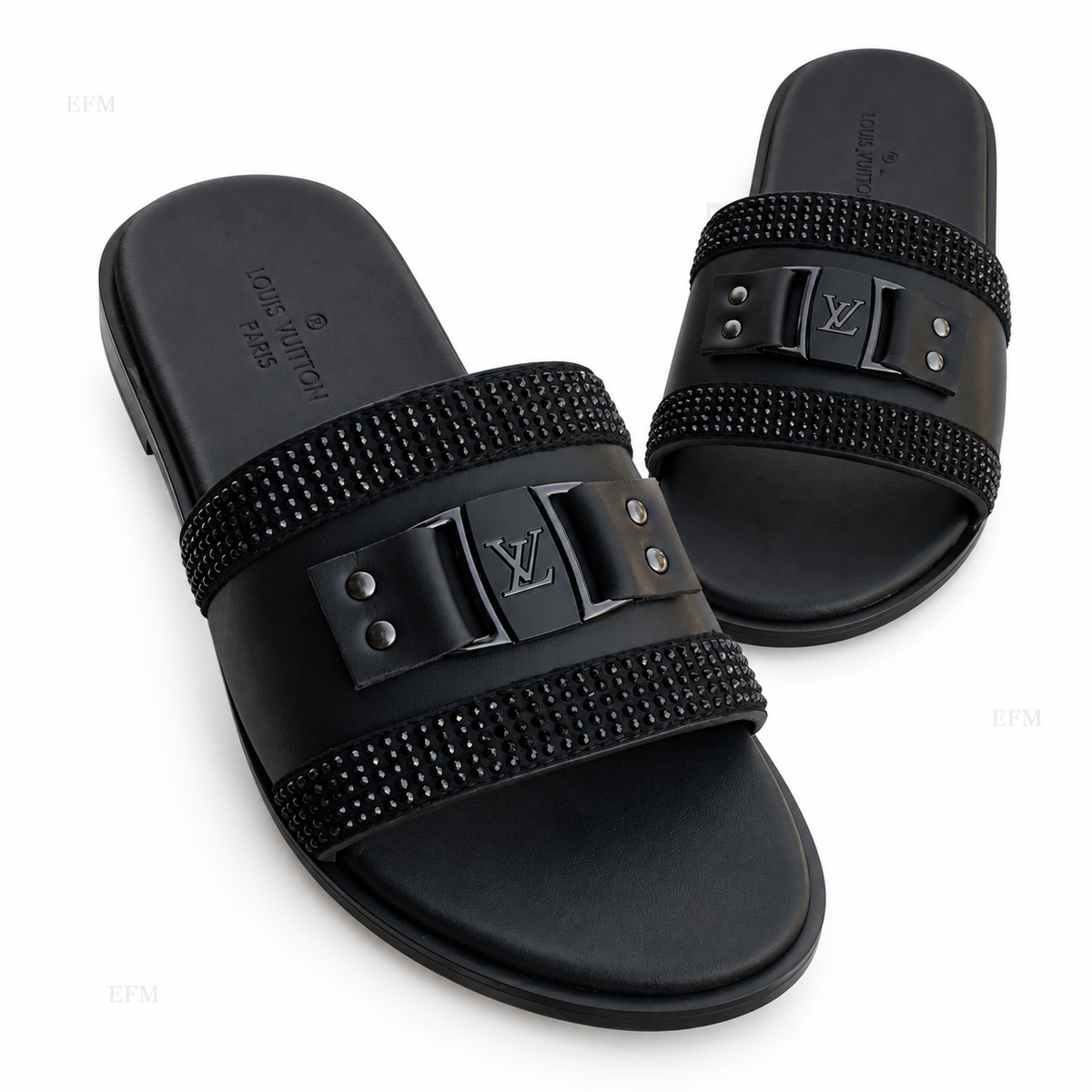 Crystal-Trim Buckle Slides – Black