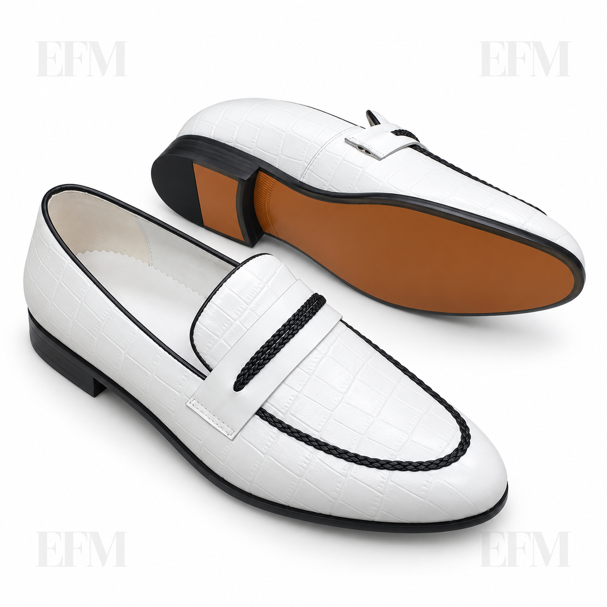 Braided-Trim Crocodile Loafers – White