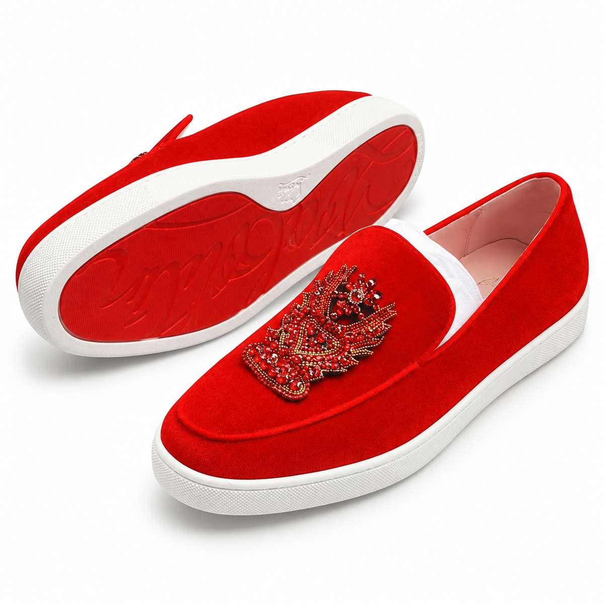 Beaded Crest Slip-On Loafers – Red