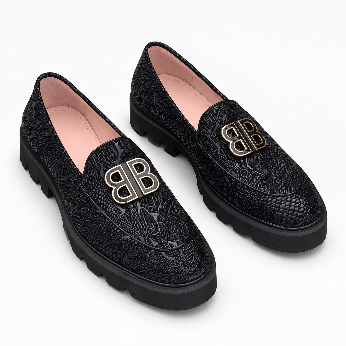Embossed Ornament Lug-Sole Loafers – Black