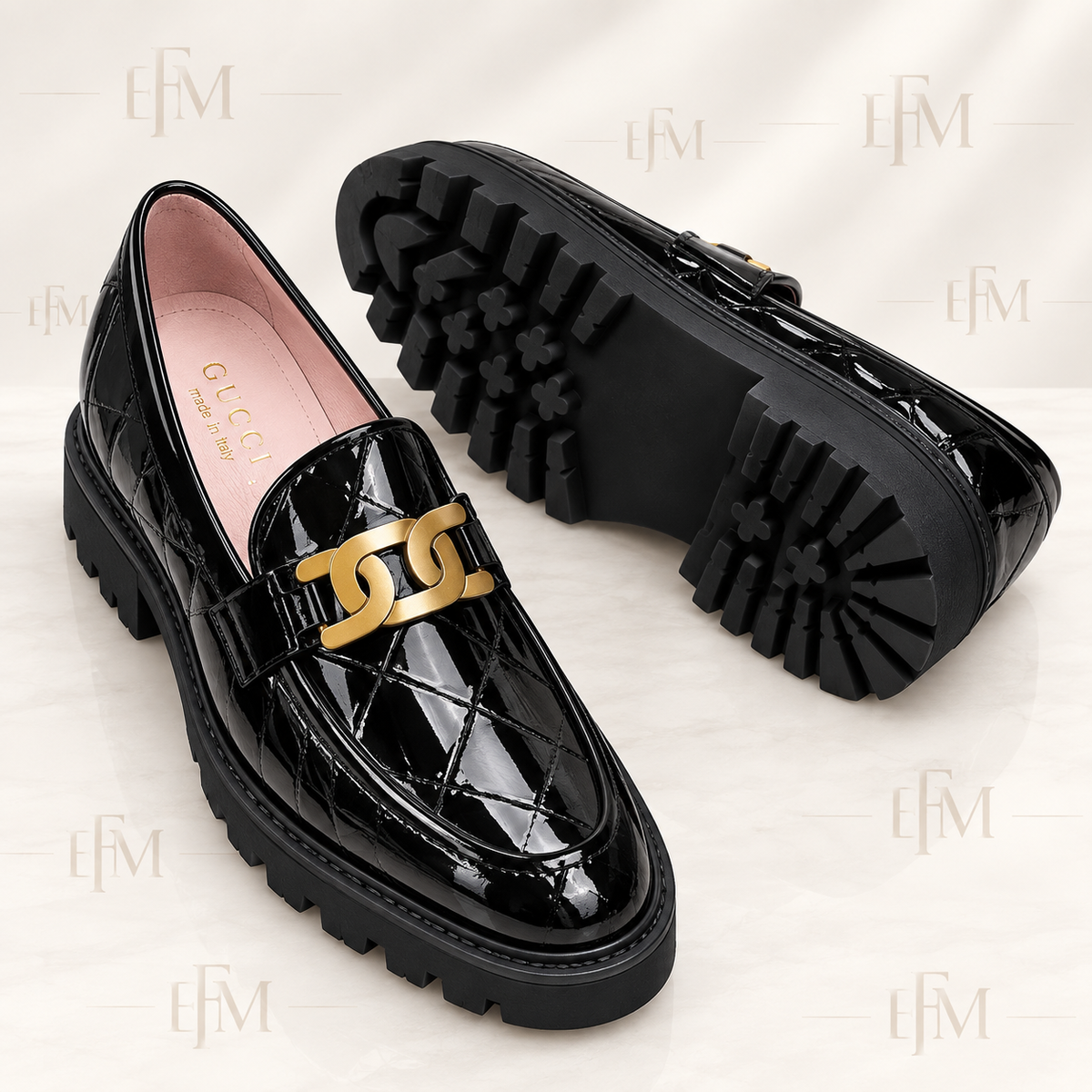 Quilted-Vamp Chain Loafers – Black