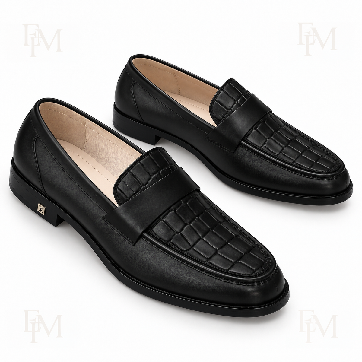 Crocodile-Panel Penny Loafers – Black