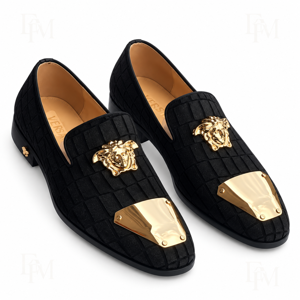 Grid-Textured Gold-Cap Loafers – Black