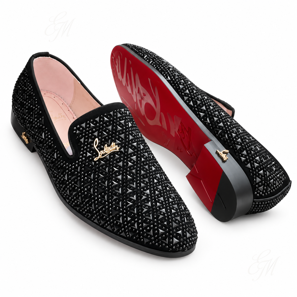 Striped Triangular-Stud Loafers – All Black