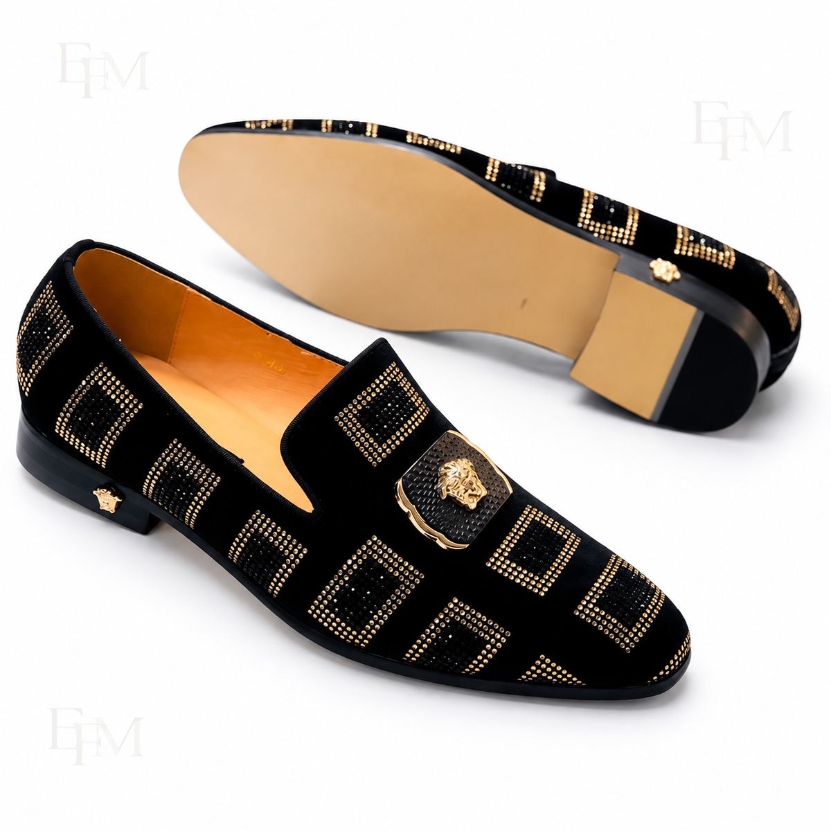 Studded Square-Pattern Medallion Loafers – Black