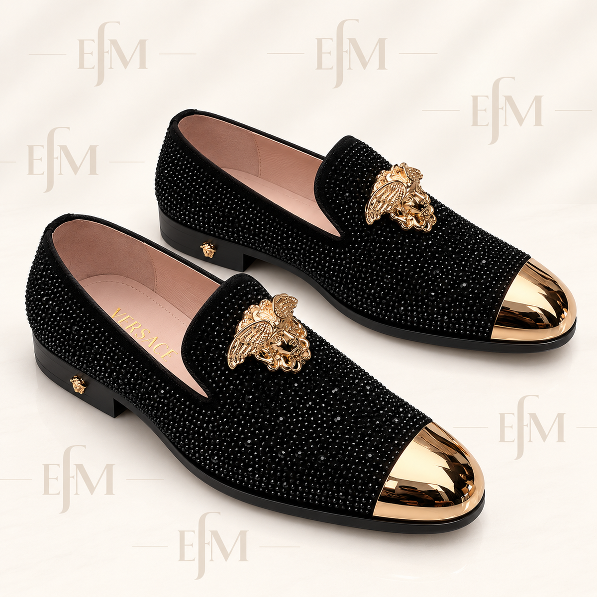 Studded Crest Cap-Toe Loafers – Black