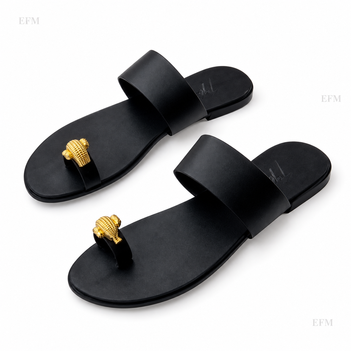 Gold-Ornament Toe-Ring Sandals – Black