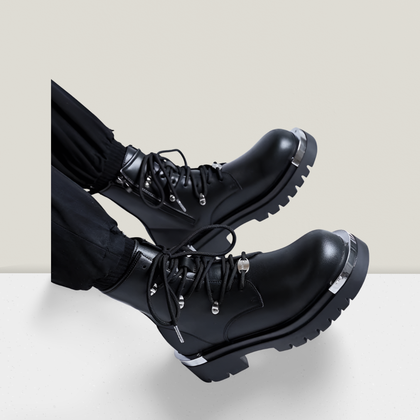 Men’s Zip-Detail Combat Boot – Black with Silver Accents