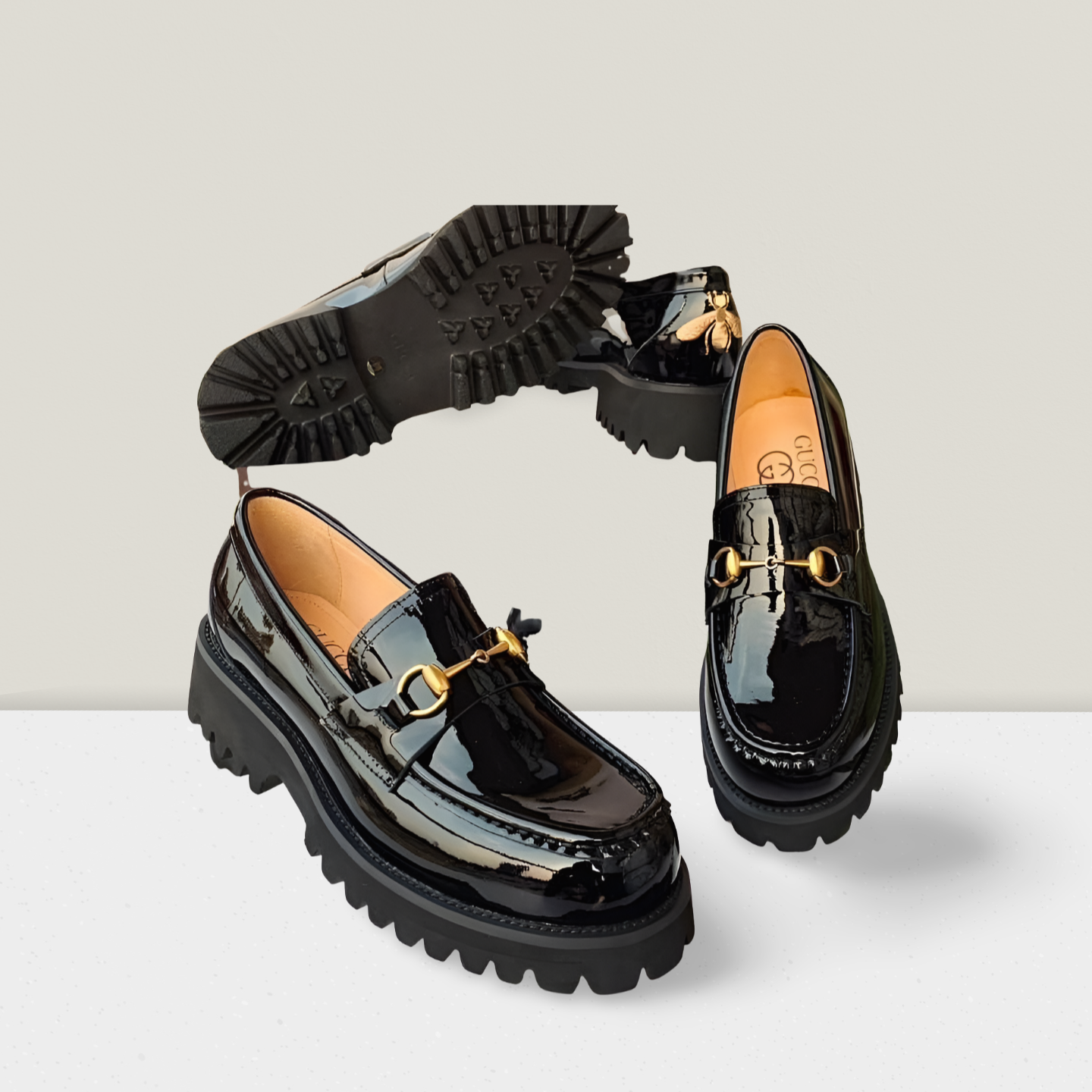 Men’s Luxury Patent Chunky Platform Loafer – Black with Gold Horsebit
