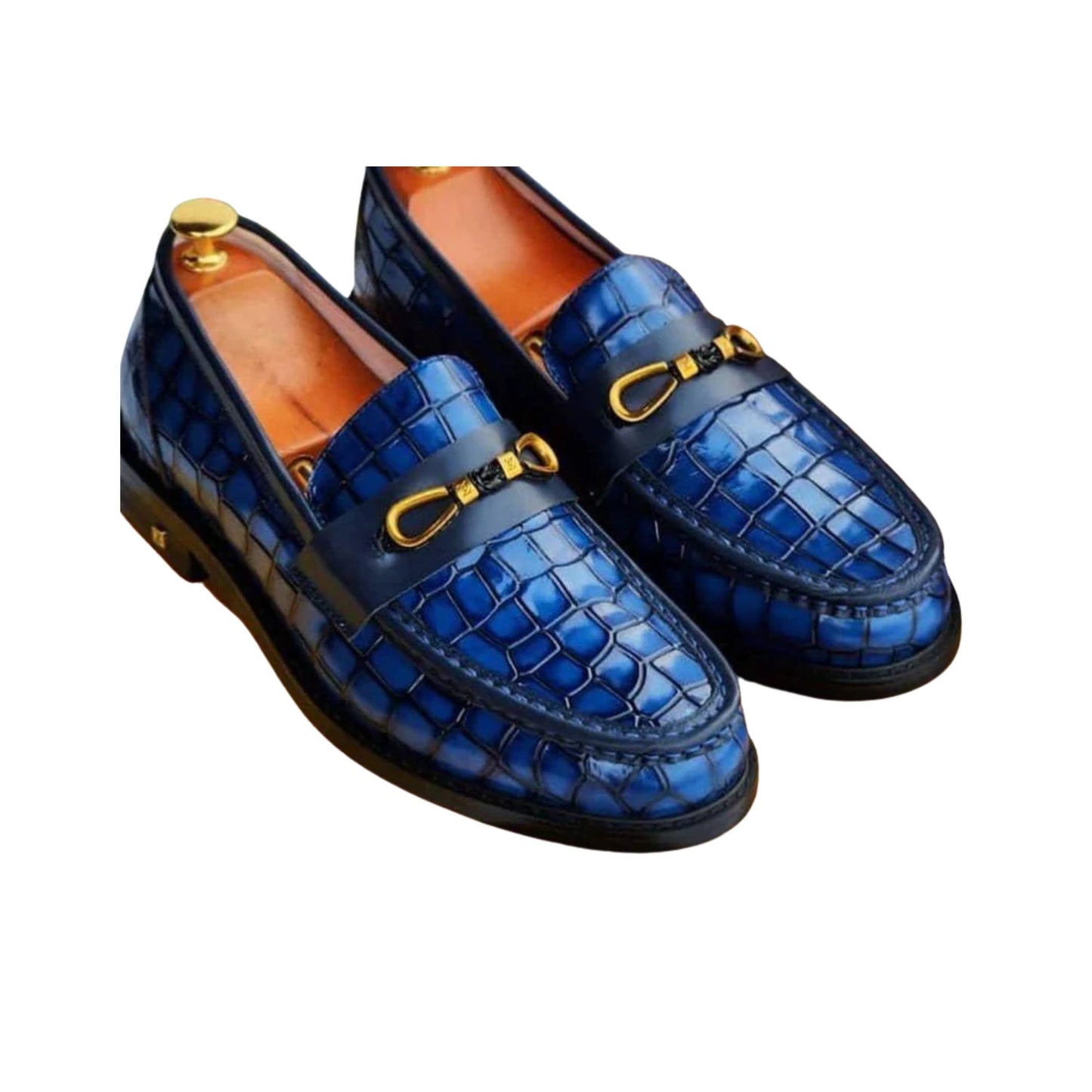 Men's Crocodile Texture Loafers with Gold Buckle - Blue