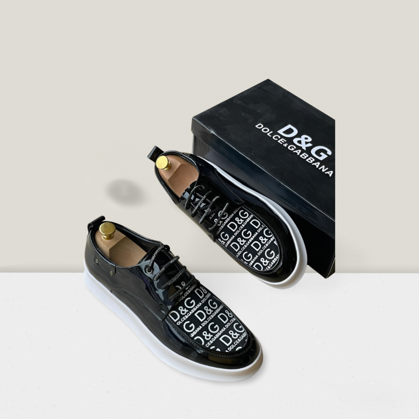 Black Patent Logo Print Low-Top Luxury Sneaker