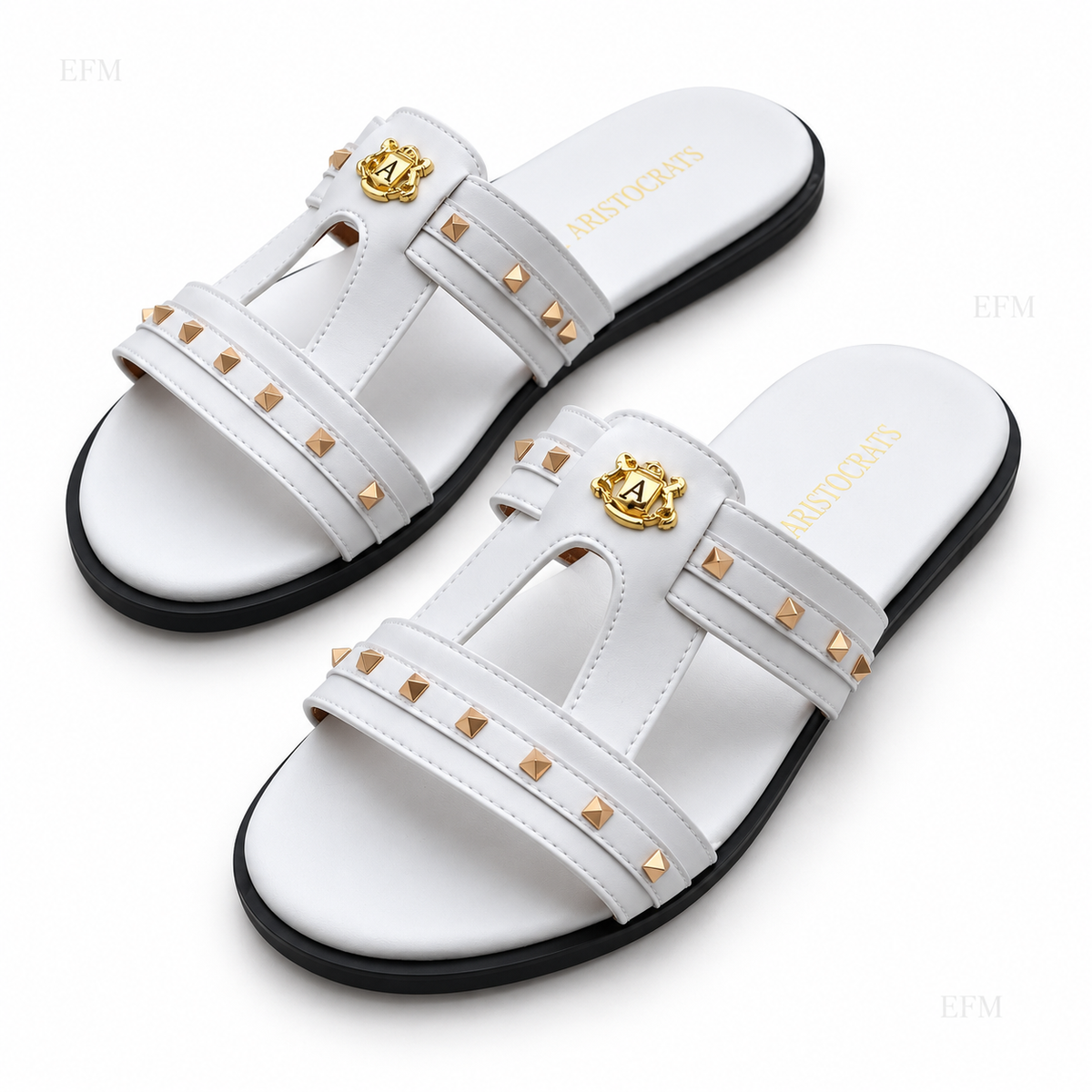 Studded T-Strap Slides – White/Black