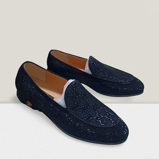 Textured Black Patterned Slip-On Loafers
