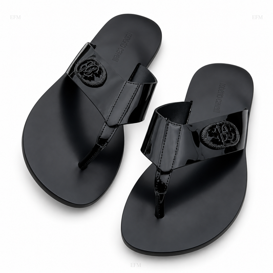 Glossy-Crest Toe-Post Sandals – Black