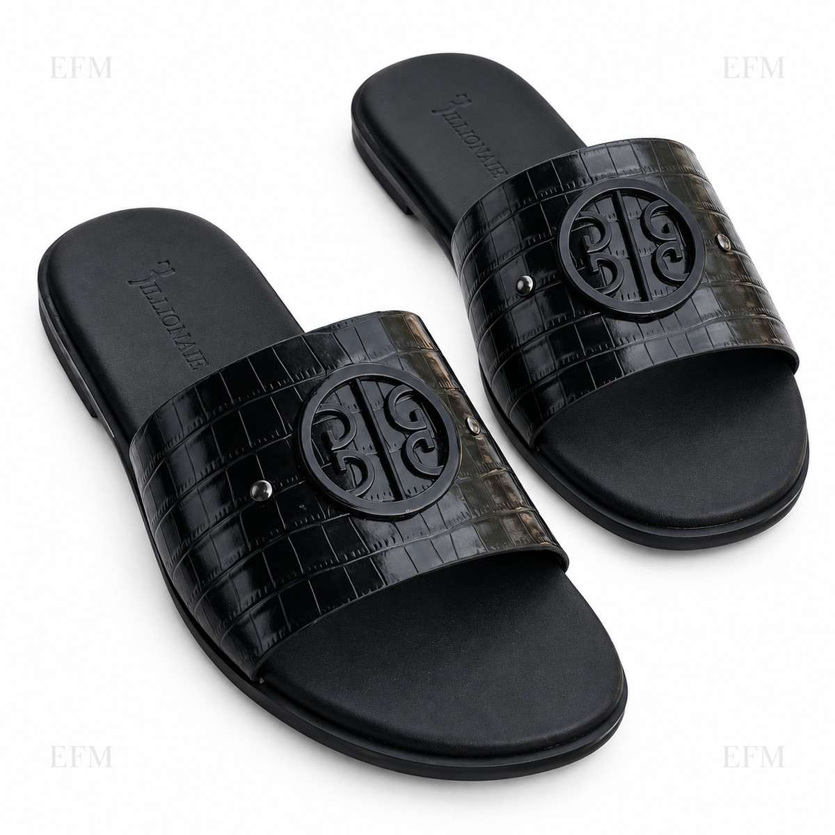 Tonal-Medallion Crocodile Slides – Black