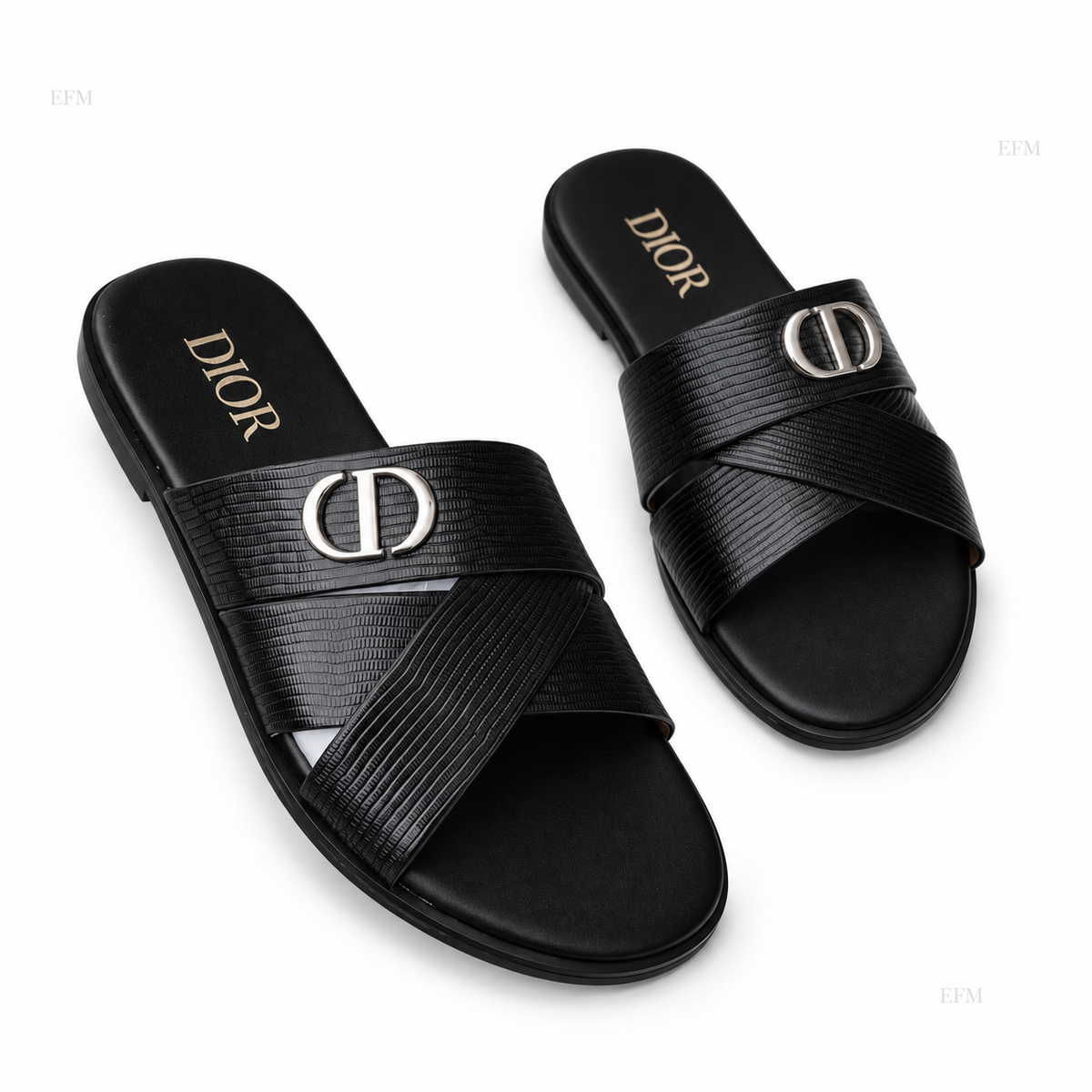 Linear-Textured Buckle Slides – Black