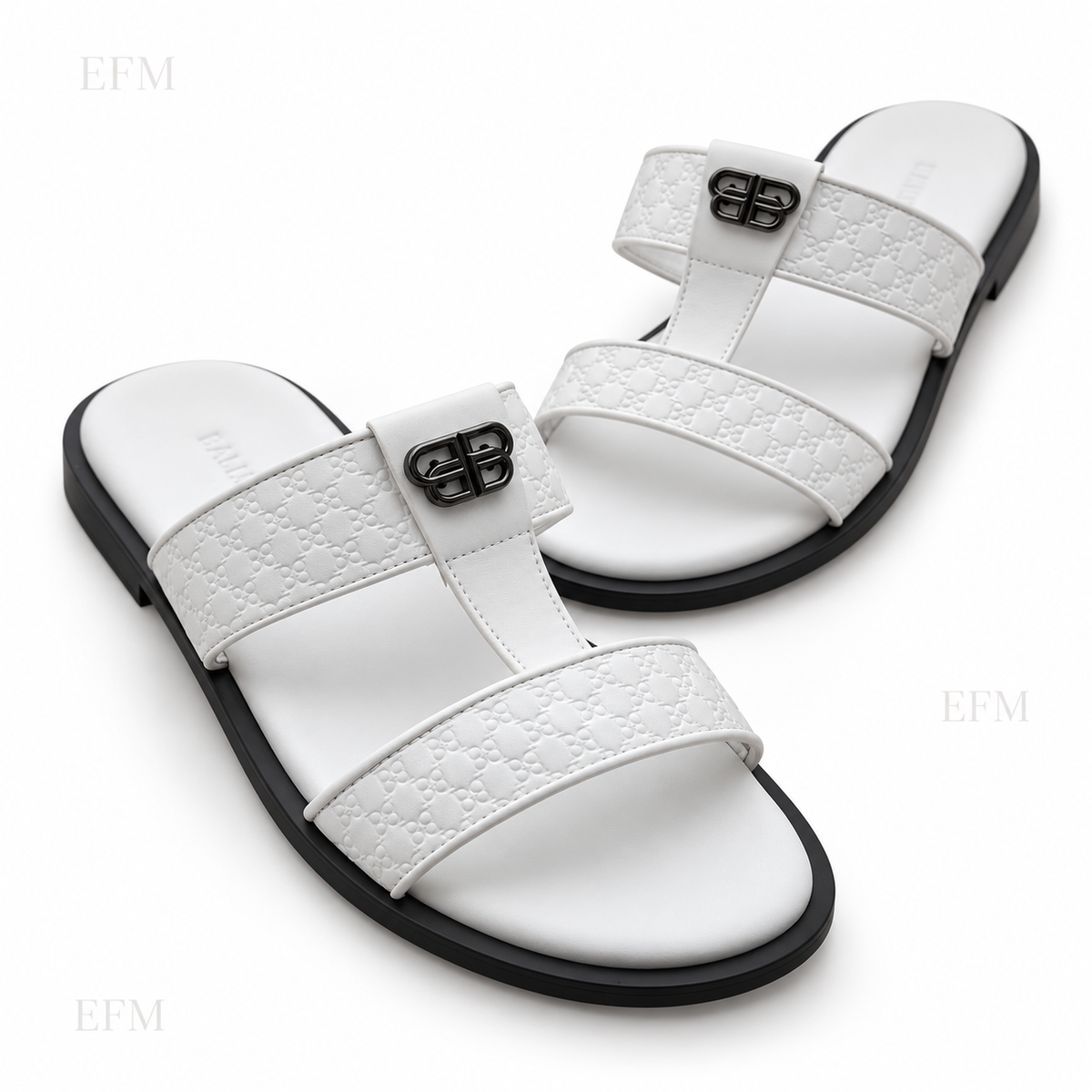 Embossed T-Strap Slides – White/Black