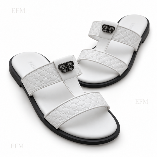 Embossed T-Strap Slides – White/Black