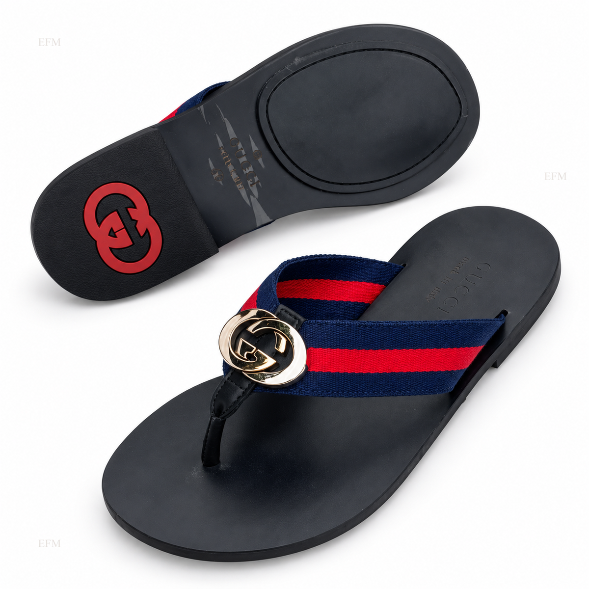 Striped-Webbing Toe-Post Sandals – Navy & Red