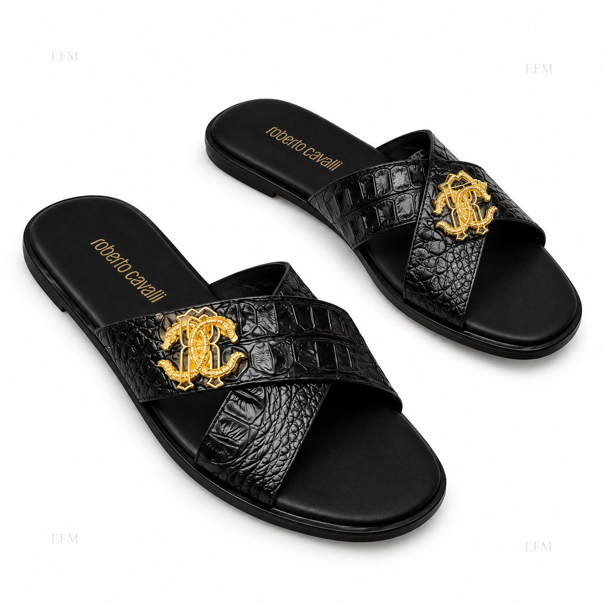 Crocodile-Embossed Crest Slides – Black