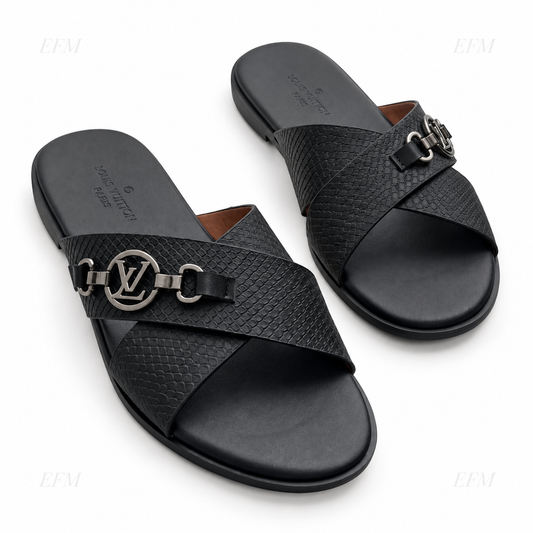 Reptile-Texture Medallion Slides – Black