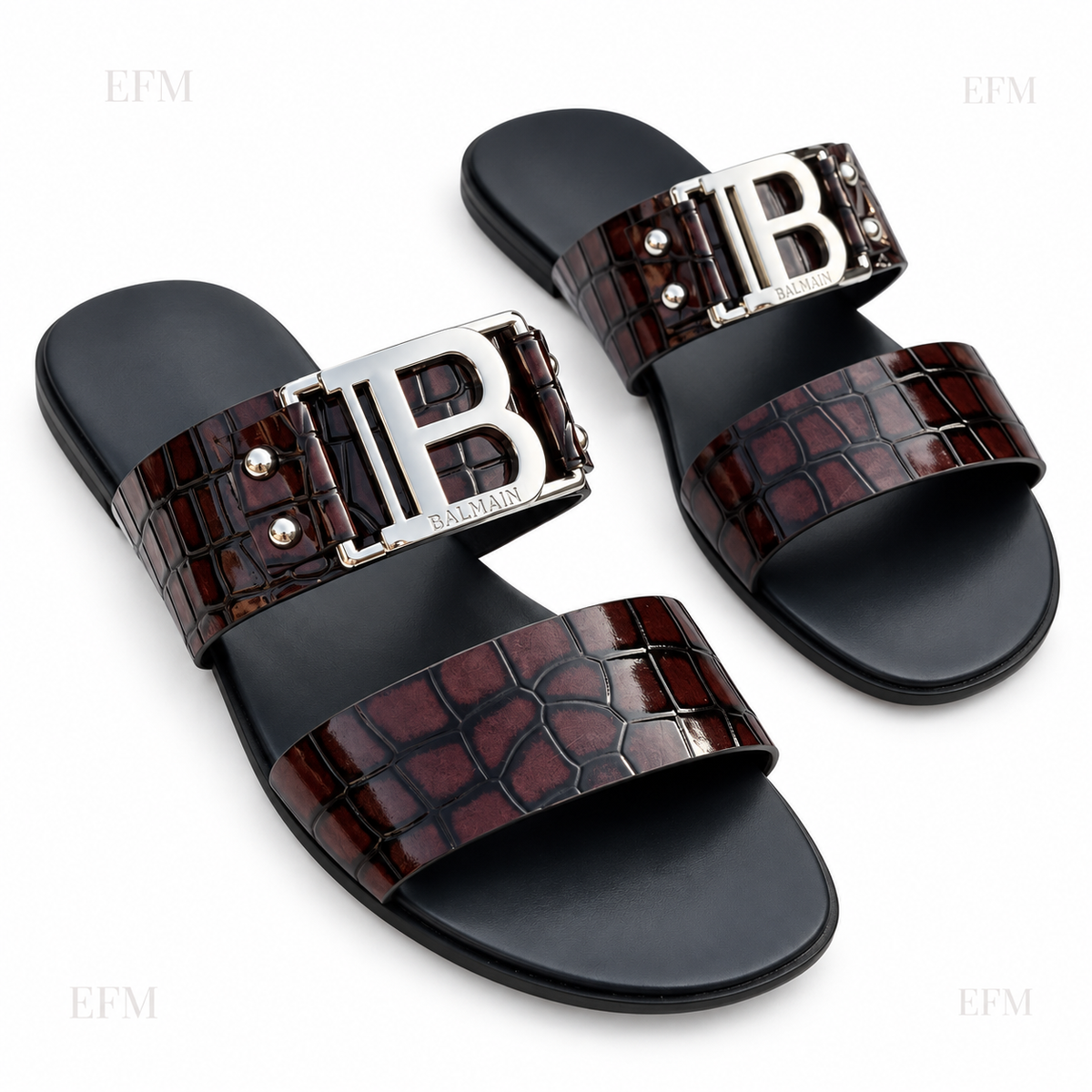 Crocodile-Embossed Buckle Slides – Wine