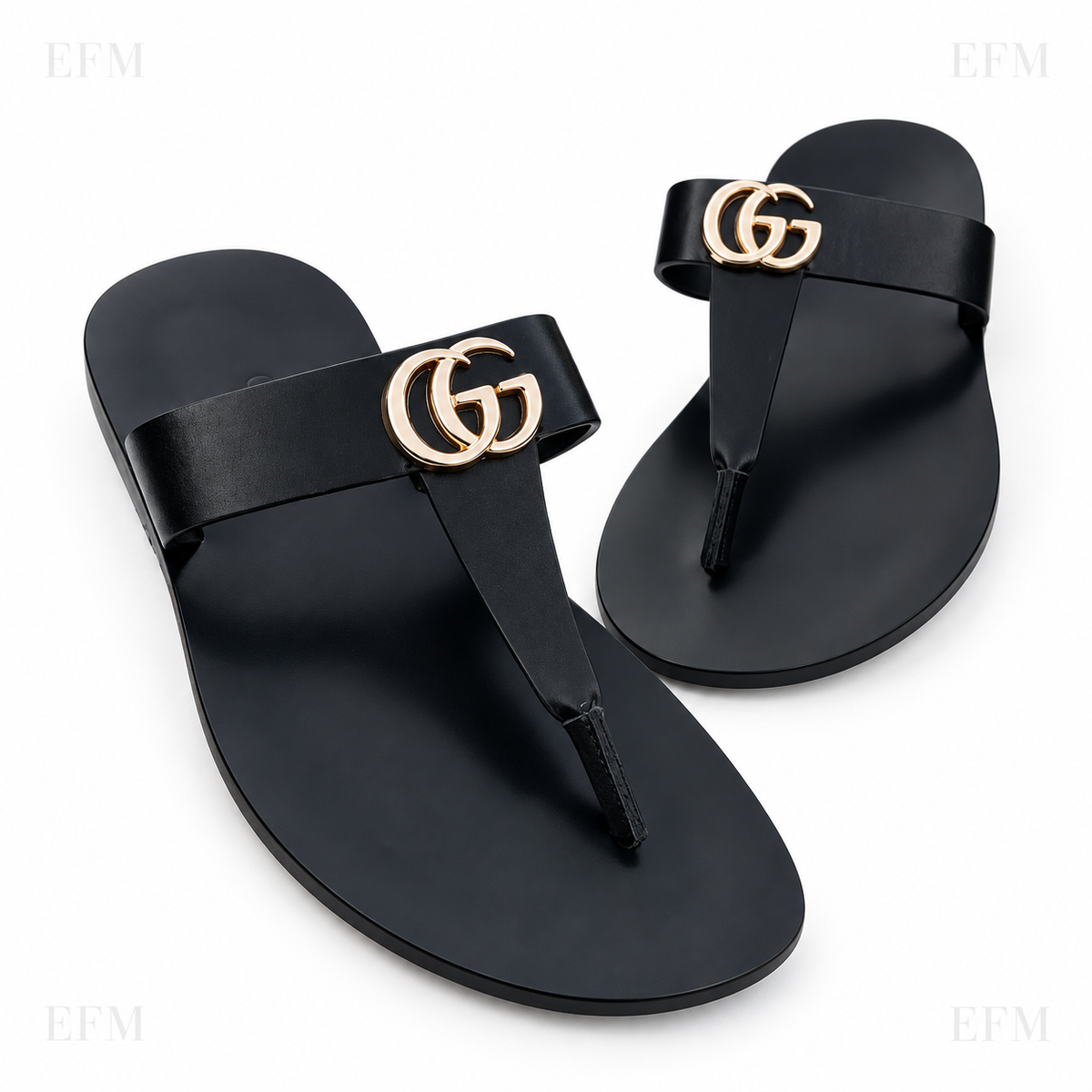 Gold-Emblem Toe-Post Sandals – Black