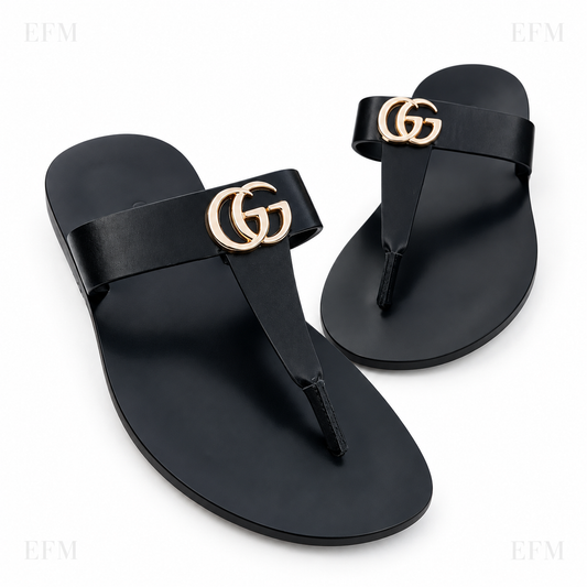 Gold-Emblem Toe-Post Sandals – Black