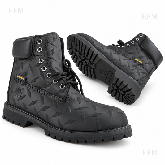 Geometric-Embossed Lug Boots – Black