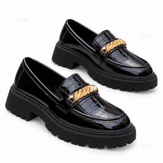 Reptile-Pattern Chain Platform Ladies’ Loafers