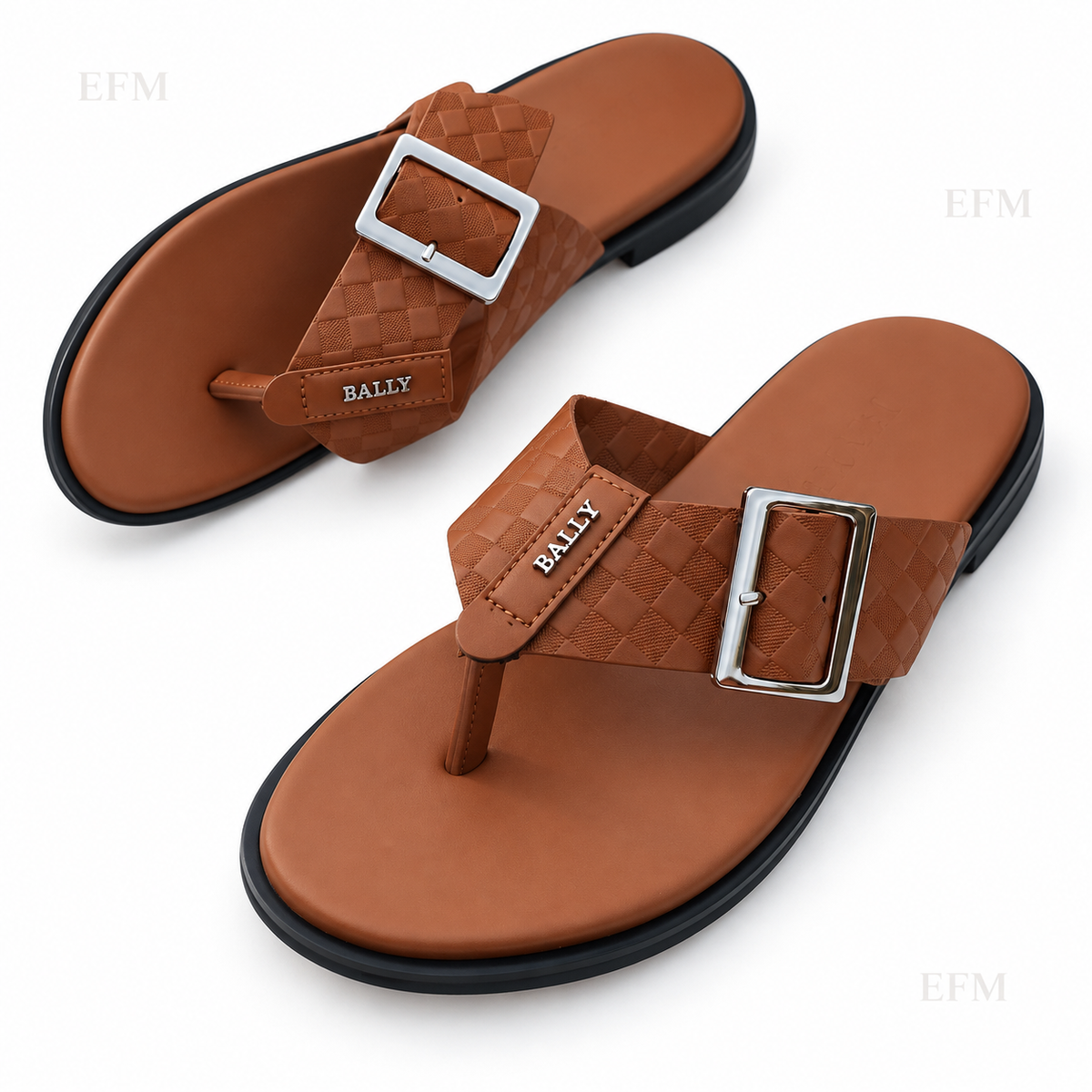 Embossed T-Strap Slides – Brown/Black