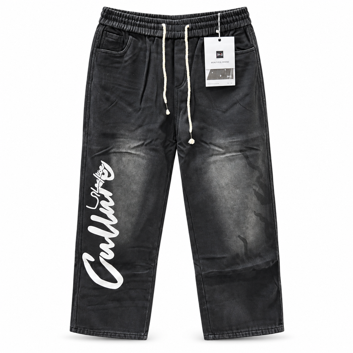Graphic Drawstring Denim Jogger Jeans — Grey and Black