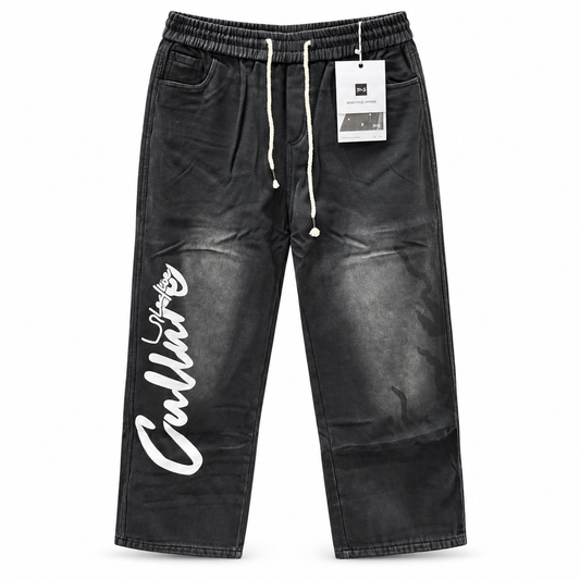 Graphic Drawstring Denim Jogger Jeans — Grey and Black