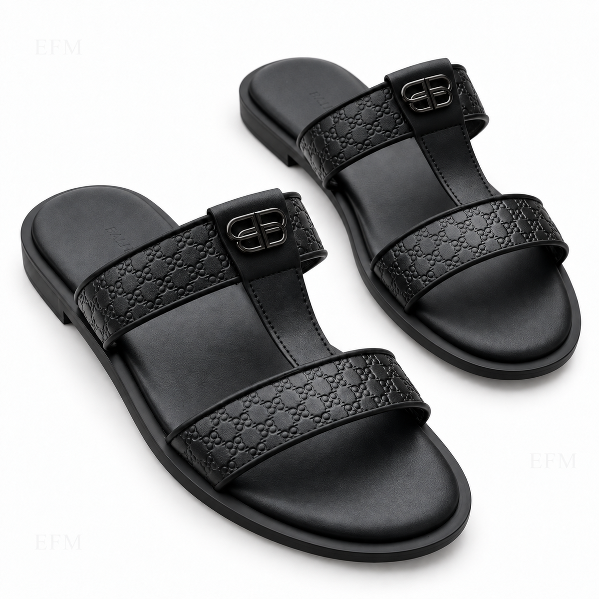 Embossed T-Strap Slides – White/Black