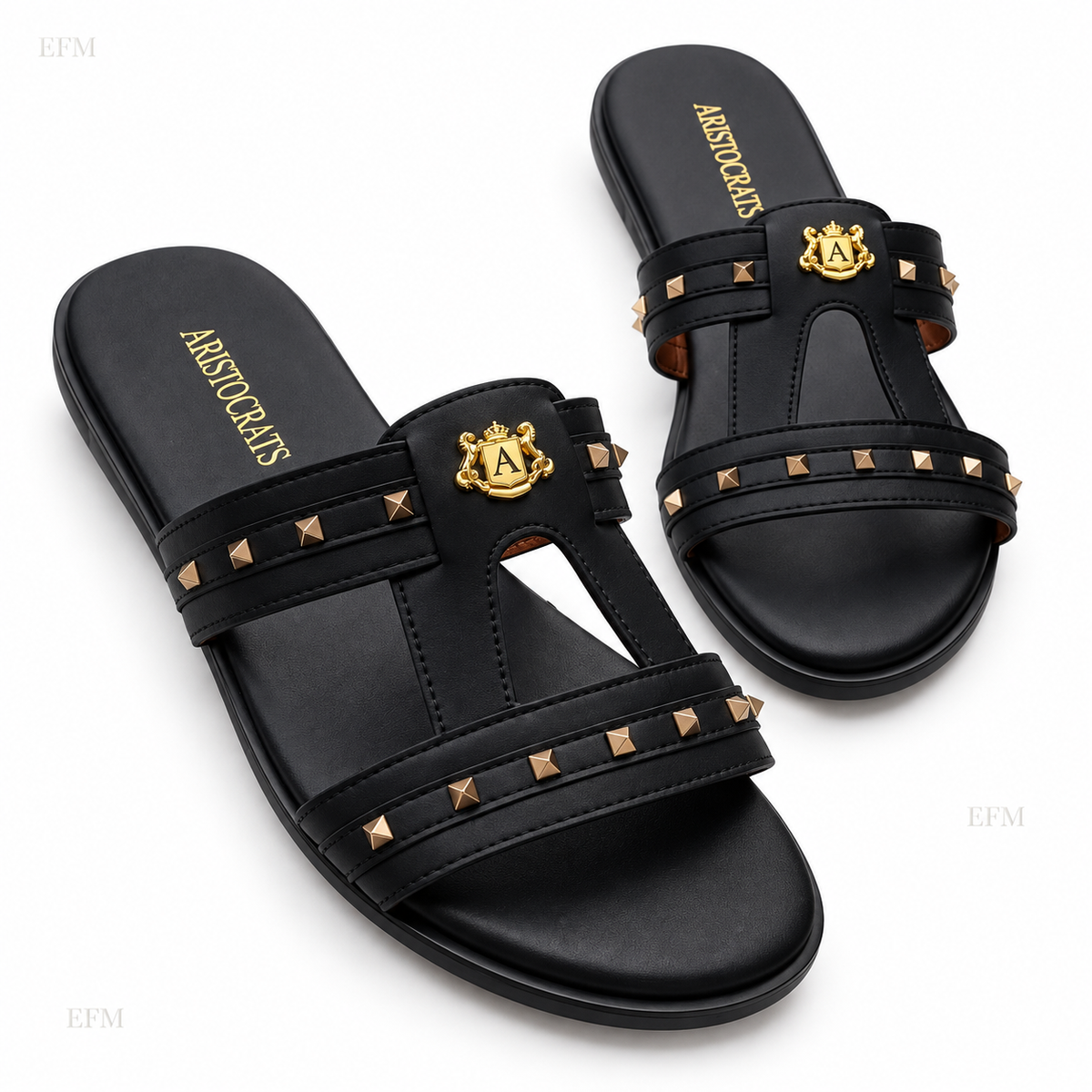 Studded T-Strap Slides – White/Black