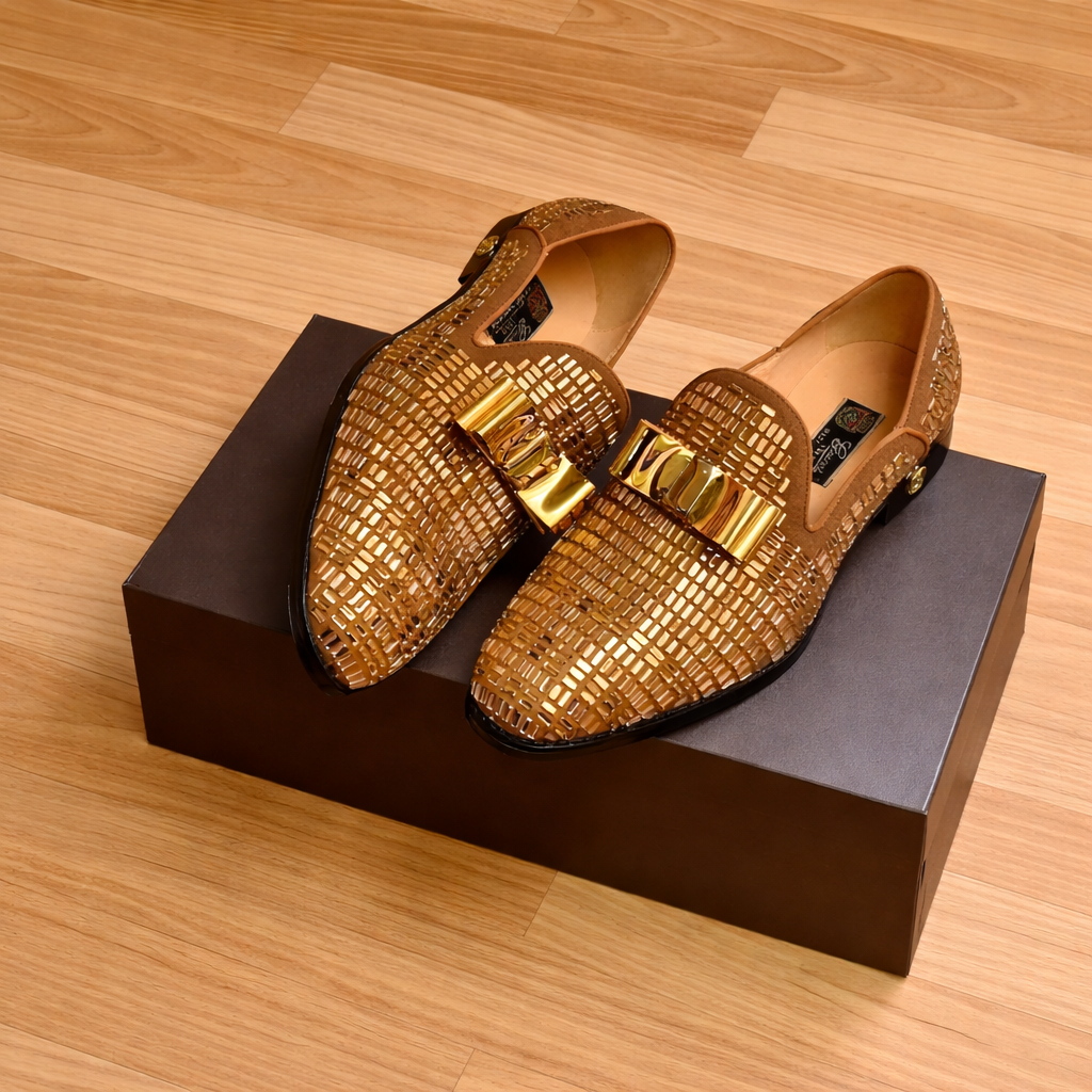 Woven Metal-Accent Slip-On Loafers