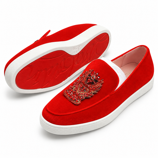 Beaded Crest Slip-On Loafers – Red
