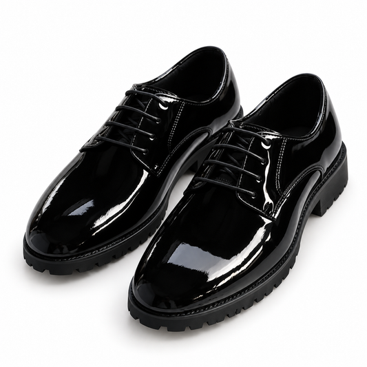High-Shine Lug-Sole Derby Shoes – Black