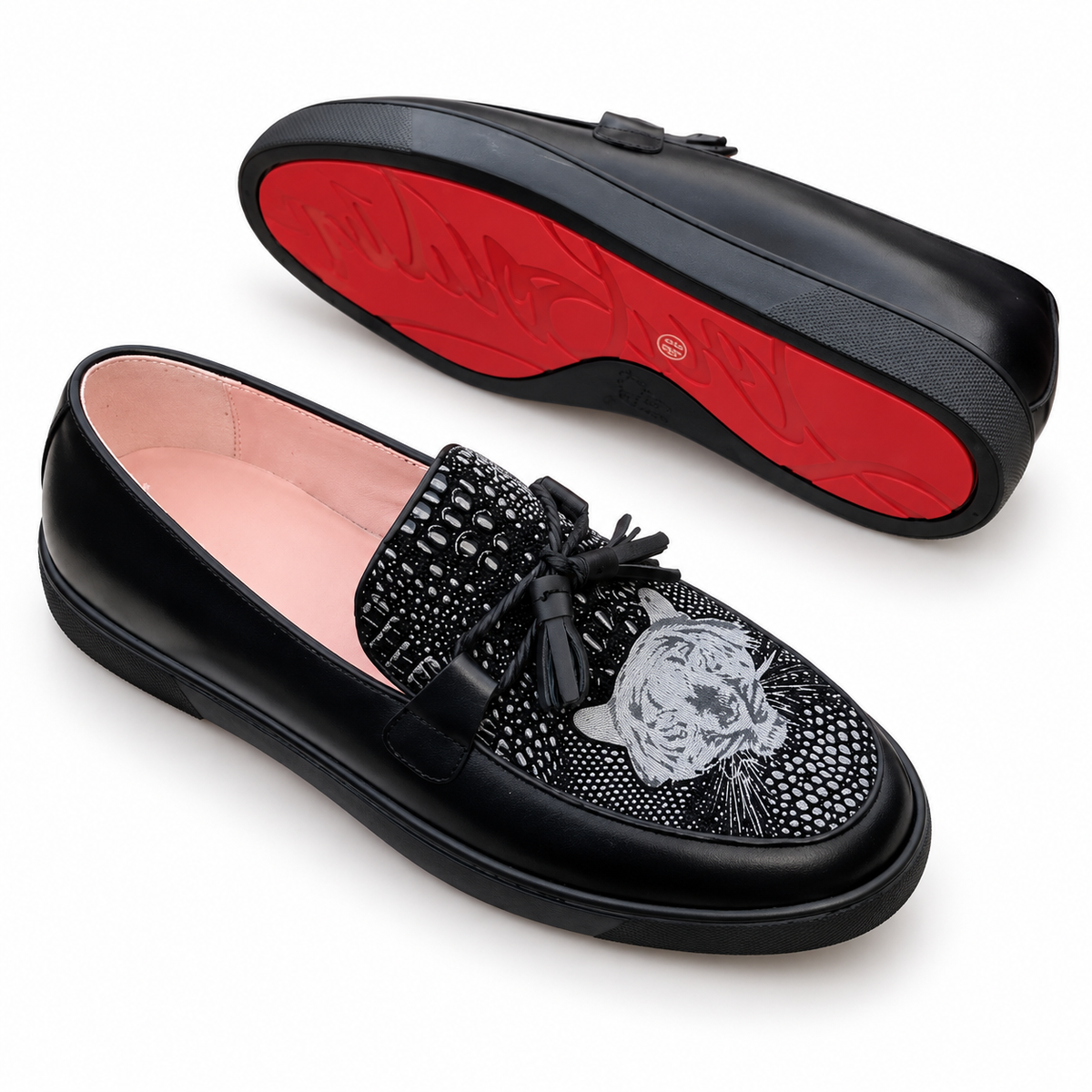 Tiger-Motif Tassel Loafers – Black