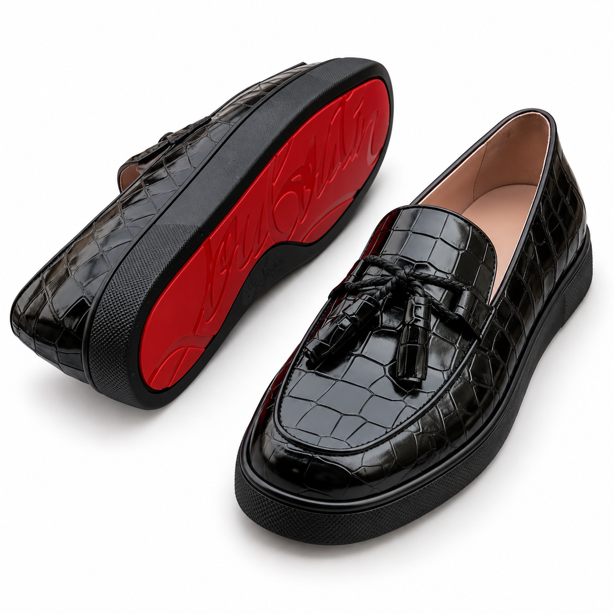 Tiger-Motif Tassel Loafers – Black