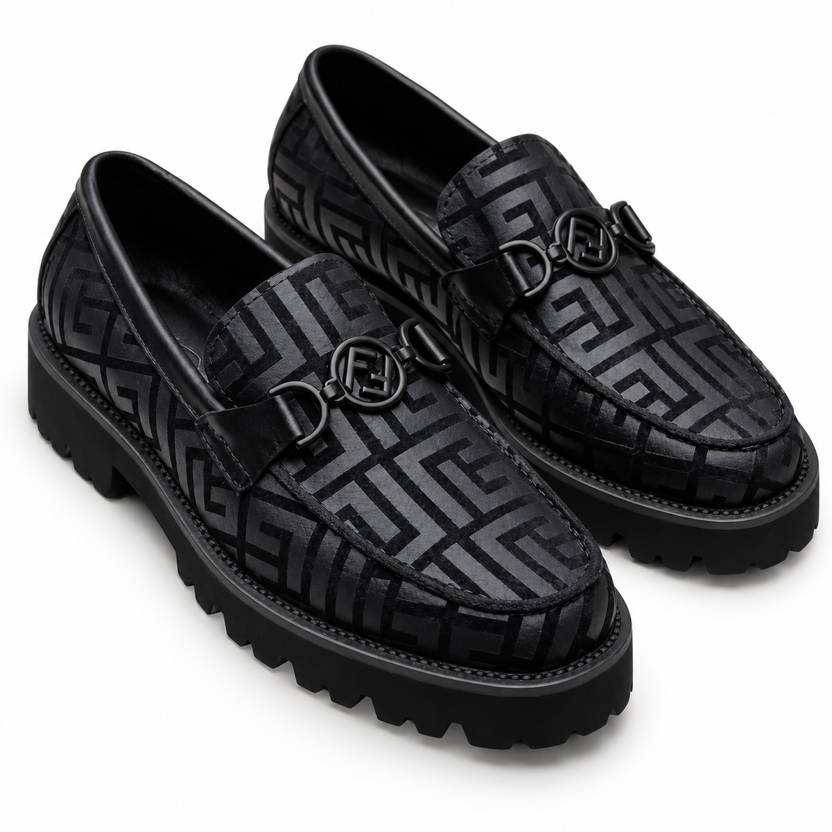 Block-Pattern Bar Loafers – Black