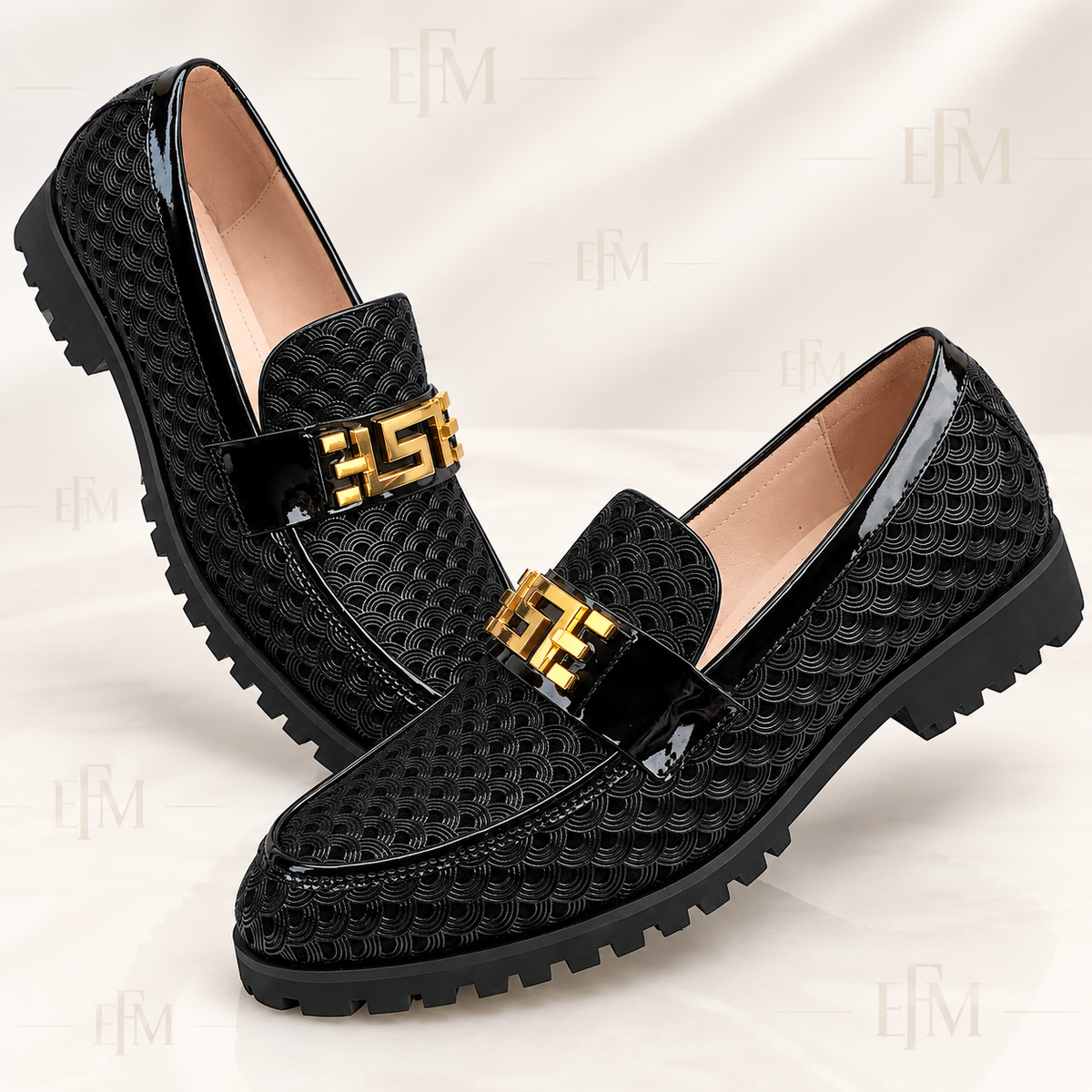 Basket-Textured Strap Loafers – Black