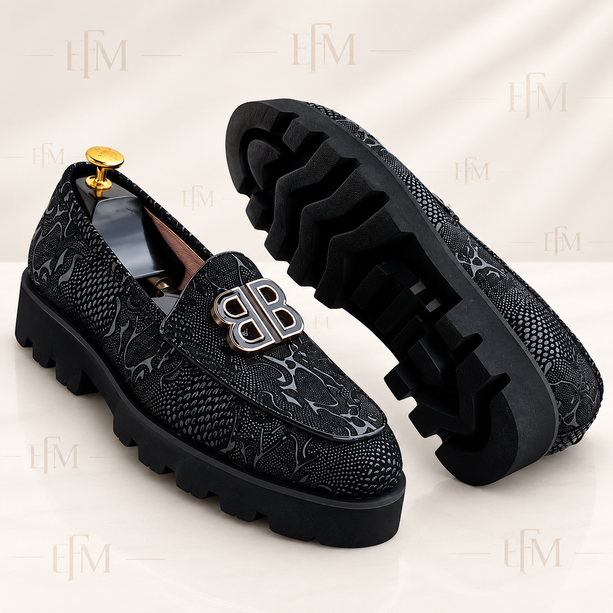 Embossed Ornament Lug-Sole Loafers – Black