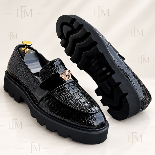 Crocodile-Embossed Crest Loafers – Black