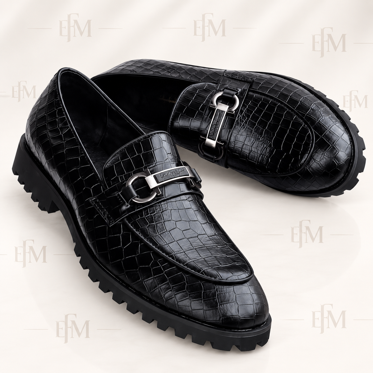 Crocodile-Embossed Double-Monk Shoes – Black