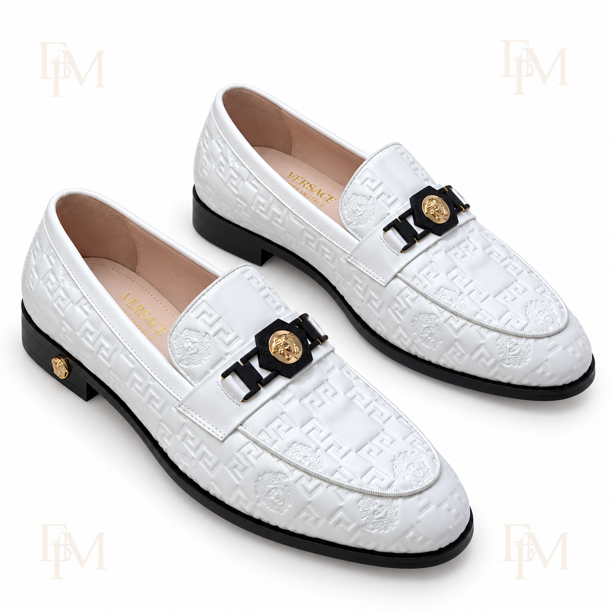 Embossed Geometric Medallion Loafers – White
